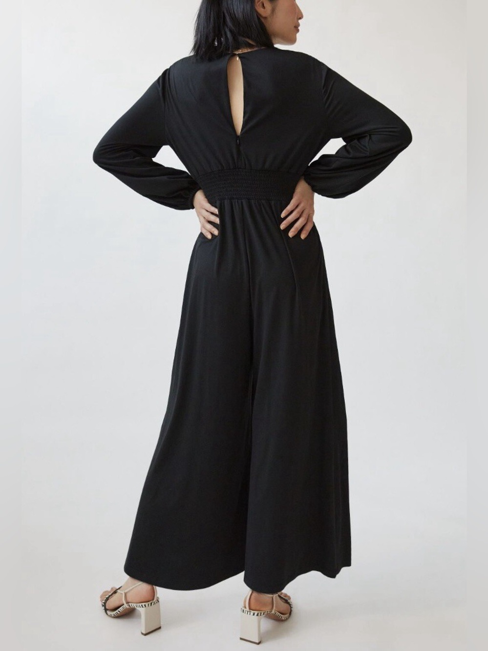 Anthro Hutch Black Wide-Leg Jumpsuit XL Smocked Waist V-Neck - Picture 5 of 10